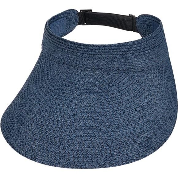 Navy Wide Brim Sun Visor Hat – Adjustable Roll-Up Straw Visor with Full UV Cover - Picture 1 of 7